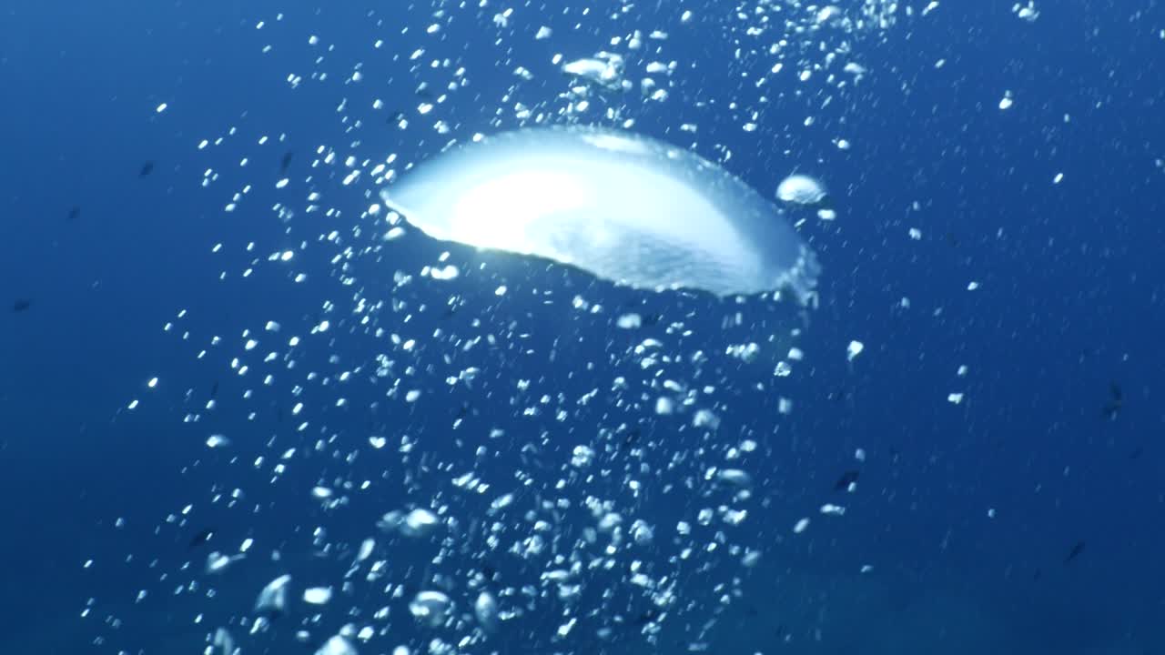 하늘과 표면에 가까운 수중 바다 풍경 태양 광선과 공기 거품 느리게 편안한 바다 배경