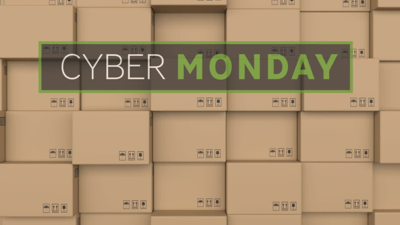 Cyber monday text banner against stack of delivery boxes in background