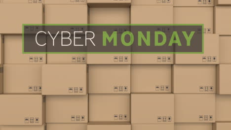 cyber monday text banner against stack of delivery boxes in background