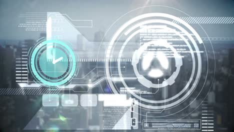 Animation-of-clock-and-statistics-processing-over-cityscape