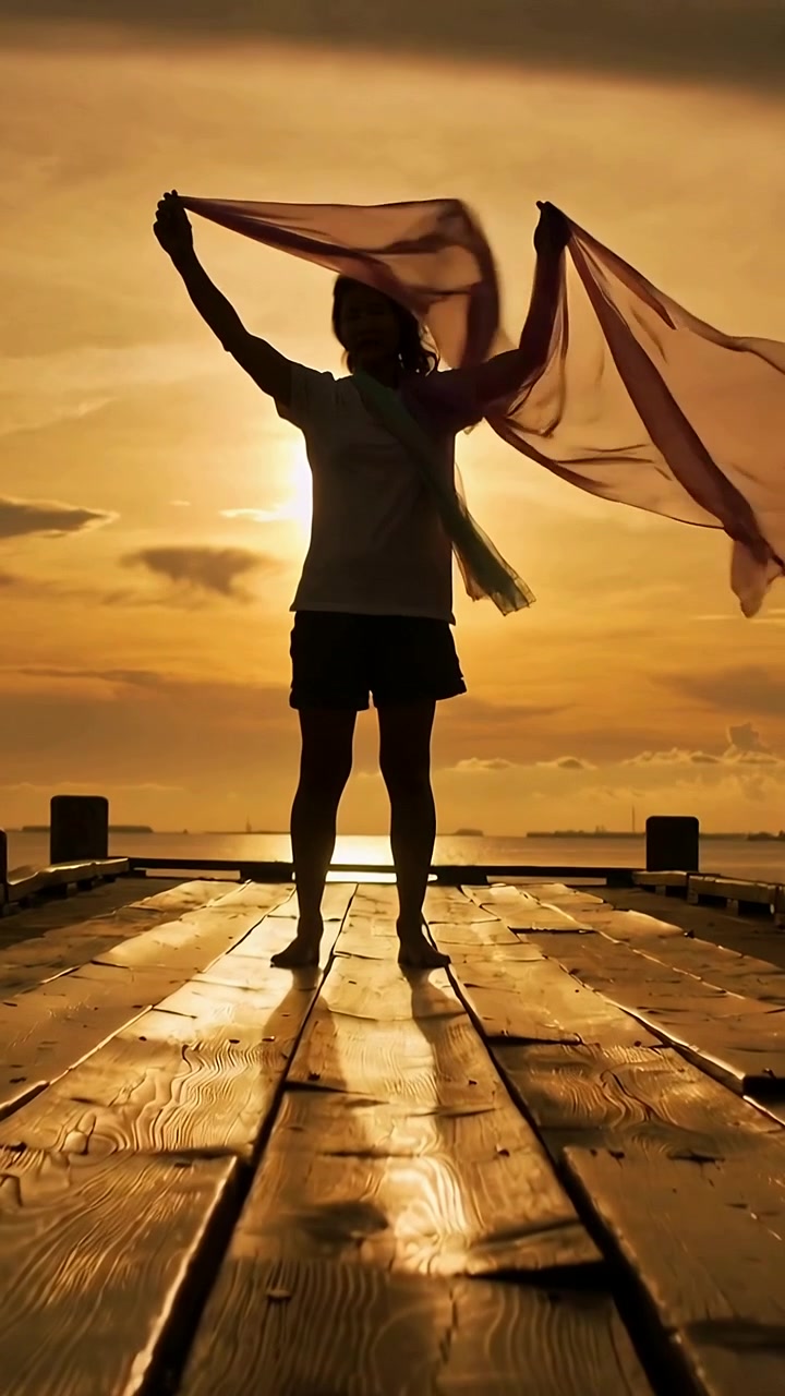 Video verticale: Donna in maglietta e pantaloncini che solleva una sciarpa trasparente sul molo al tramonto, catturando il bagliore del sole