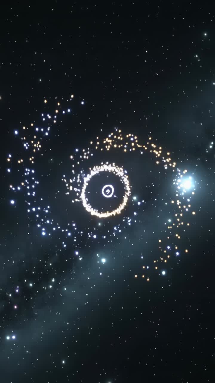 Vertical video: Particle burst sparking concentric rings forming in dark space with star flare