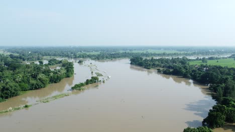 ariel view shot of west bengal flood by river damodar and mundeshwari in rainy season