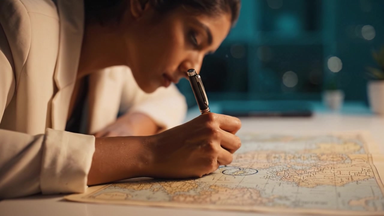 Focused Individual Analyzing Map with Pen in a Dimly Lit Room, Emphasizing Precision and Introspection During a Geographical Exploration Experience