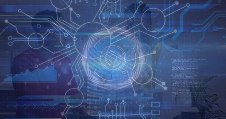 This video features a digital interface animating over two diverse business people