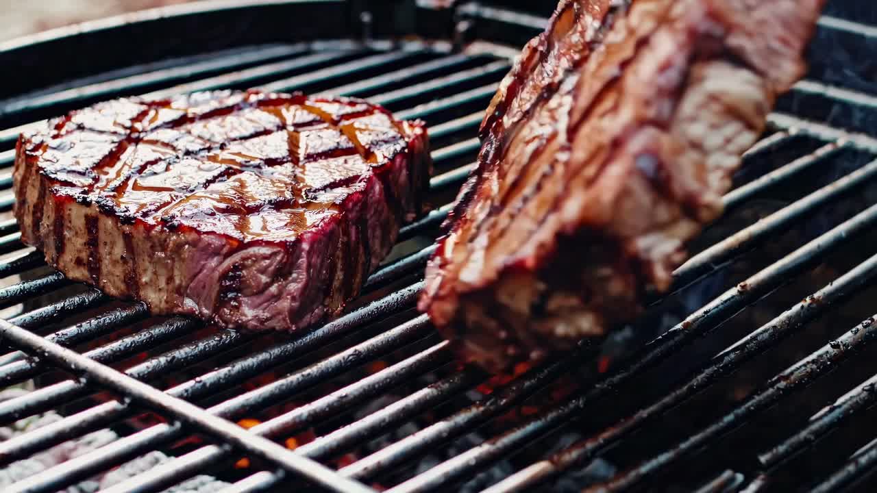 Video ravvicinato di due succose bistecche sulla griglia, che mostra la consistenza sfrigolante e i segni della cottura