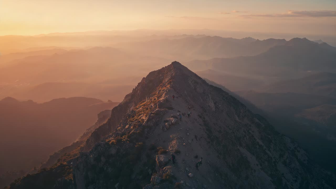 Luce dorata del sole che riscalda la cresta della montagna, drone che mostra escursionisti che si arrampicano verso la vetta con gli zaini