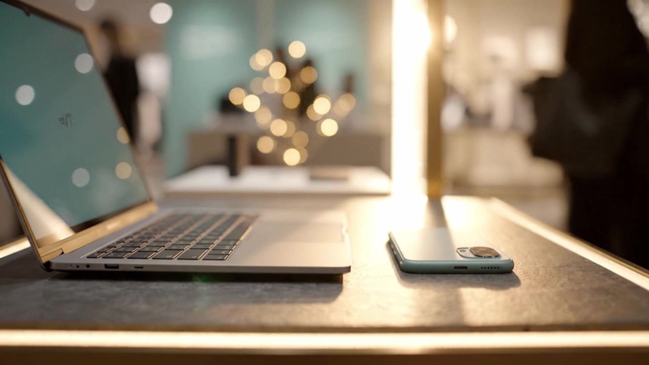 A Modern Workspace Featuring a Laptop and Smartphone With Ambient Bokeh Lights in a Stylish Exhibition Setting for Technology Enthusiasts and Professionals