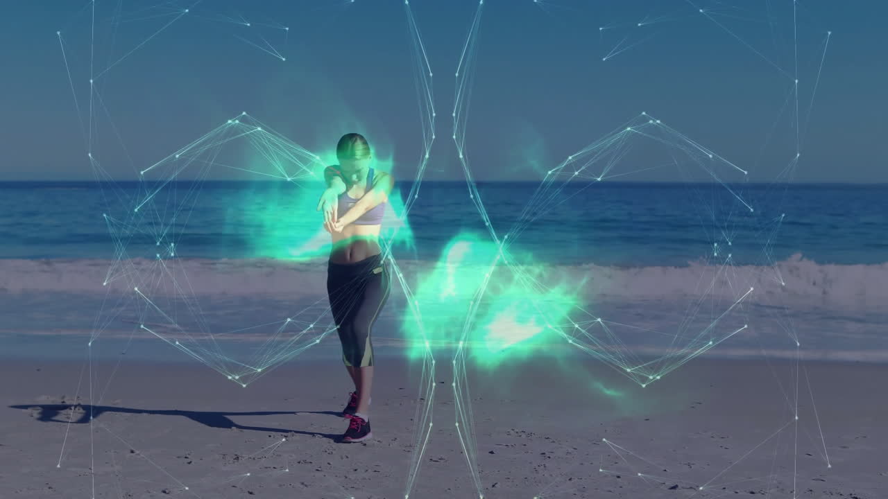 Standing on beach, person interacting with digital network animation overlay