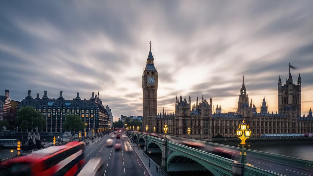 Captivating Views of Historic Landmark and Iconic Clock Tower at Dusk, Showcasing Urban Landscape with Vibrant City Life and Dramatic Cloudy Sky