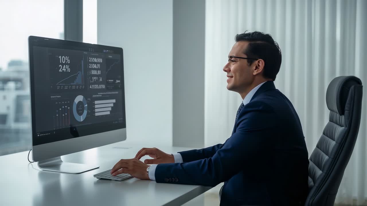 Reacting man wearing suit reading positive dashboard at office monitor, typing keyboard, copy space