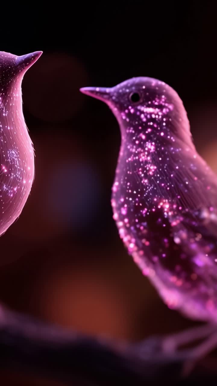 Two Ethereal Birds Glowing with Sparkling Purple Patterns, Capturing the Beauty of Nature in a Magical and Dreamlike Environment that Evokes Wonder and Joy