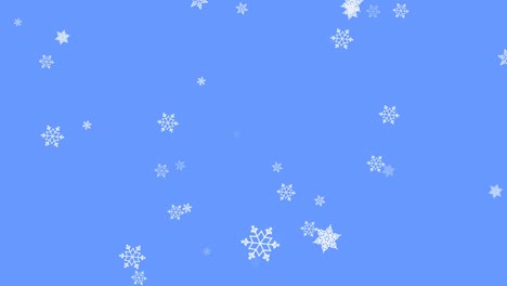 partículas de copos de nieve en fondo azul claro. nieve voladora en fondo de invierno. hermosa animación para la propagación de deportes de invierno, decoración navideña