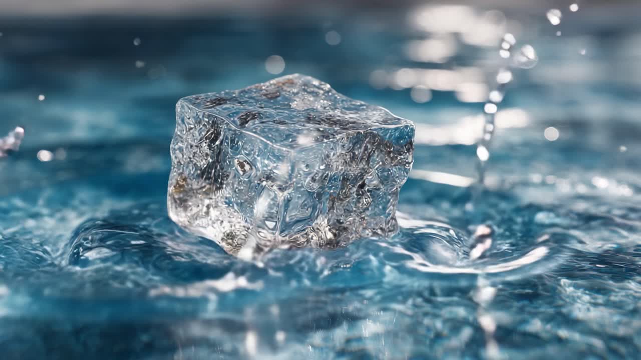 Primo piano affascinante di un cubetto di ghiaccio cristallino che si scioglie nell'acqua, mostrando increspature e goccioline d'acqua in un ambiente acquatico sereno.