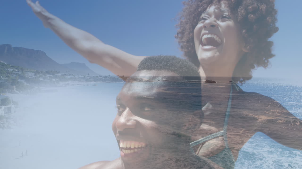 Animation of happy african american couple having fun at beach over sea