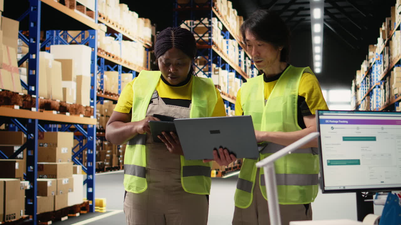 Vertical Video Team of diverse workers handling tracking software for parcel status on tablet