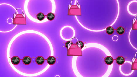 animation of handbags and sunglasses over glowing circles on purple background