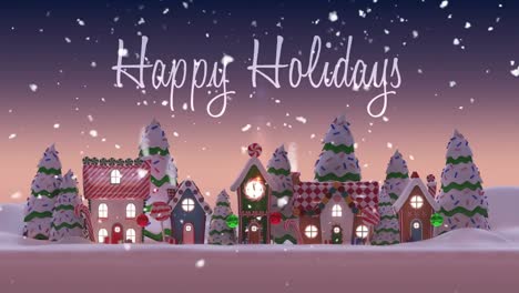 Snow-falling-and-happy-holidays-over-multiple-houses-and-christmas-trees-on-winter-landscape