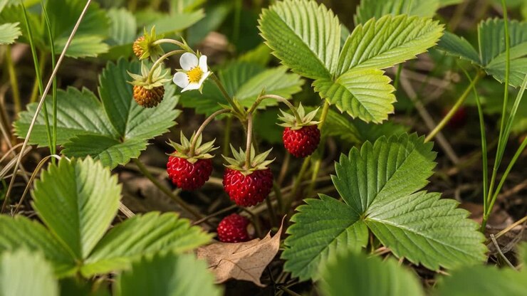 Una vivace vetrina di fragole mature tra un lussureggiante fogliame verde, che simboleggia la bellezza della natura e la promessa di deliziosi raccolti nell’orto