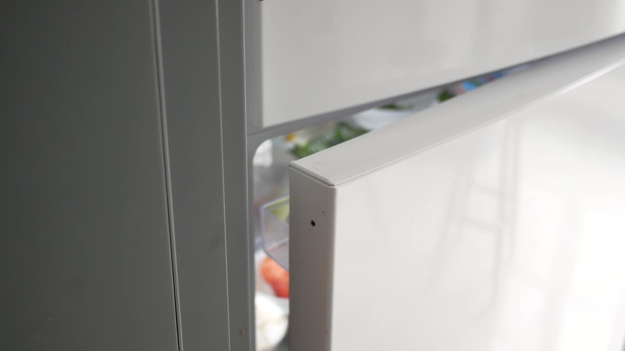 abrir la puerta del refrigerador en la cocina moderna