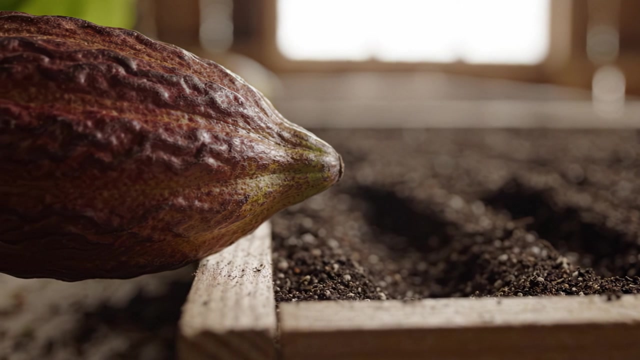 Close-Up View of Cocoa Pod Next to Seed Tray with Soil in a Natural Setting, Highlighting the Agricultural Process of Growing Chocolate from Cacao Beans