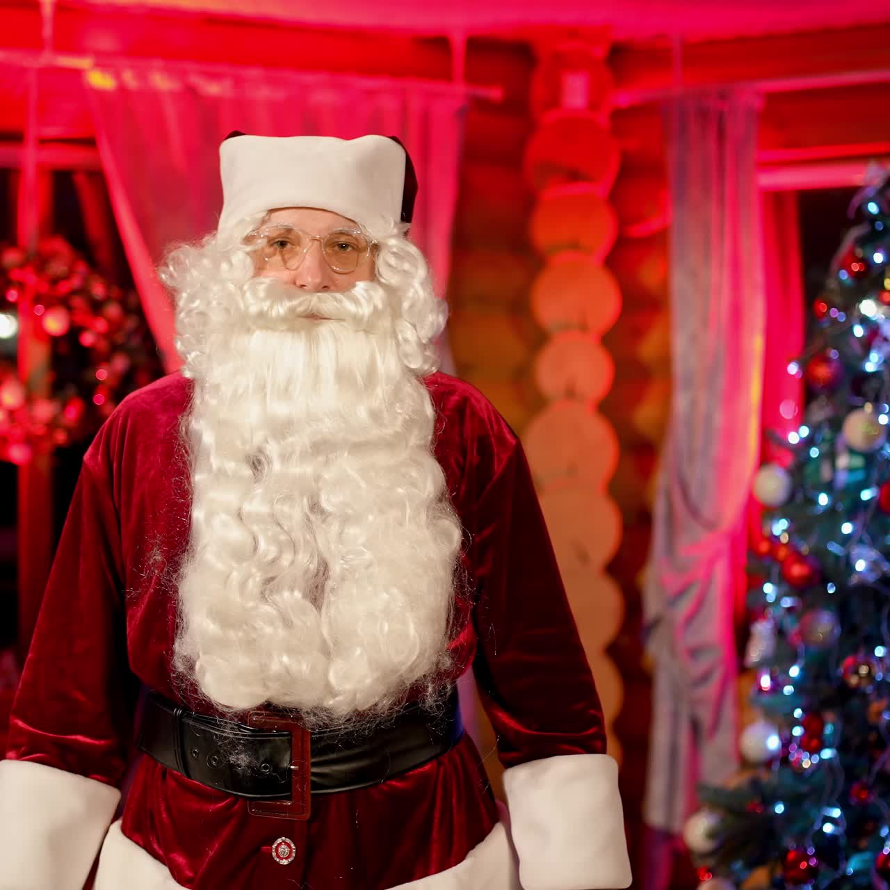 Portrait of a senior man in santa claus costume indoors. Serious Santa with white beard standing in apartment on christmas tree background. Christmas spirit