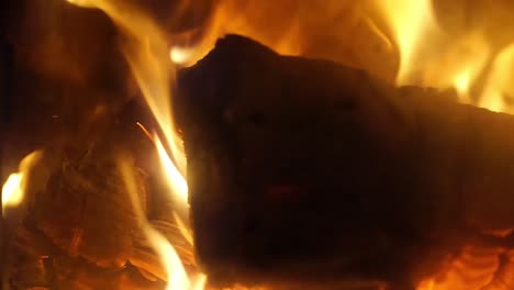 close up burning wood in the fireplace