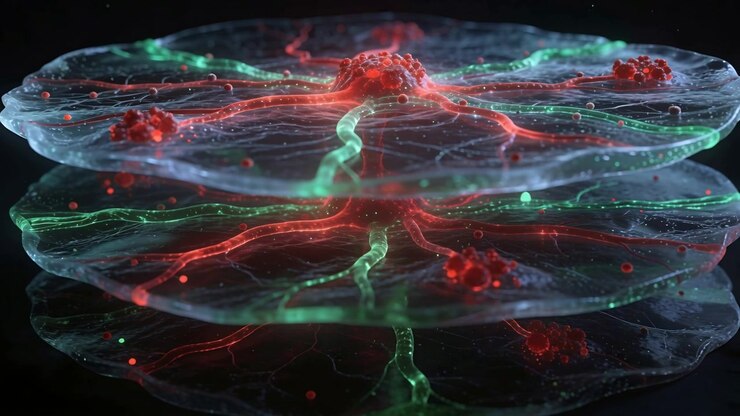 Pulsing three stacked discs as lighting shifts in studio showing flow with red nodes