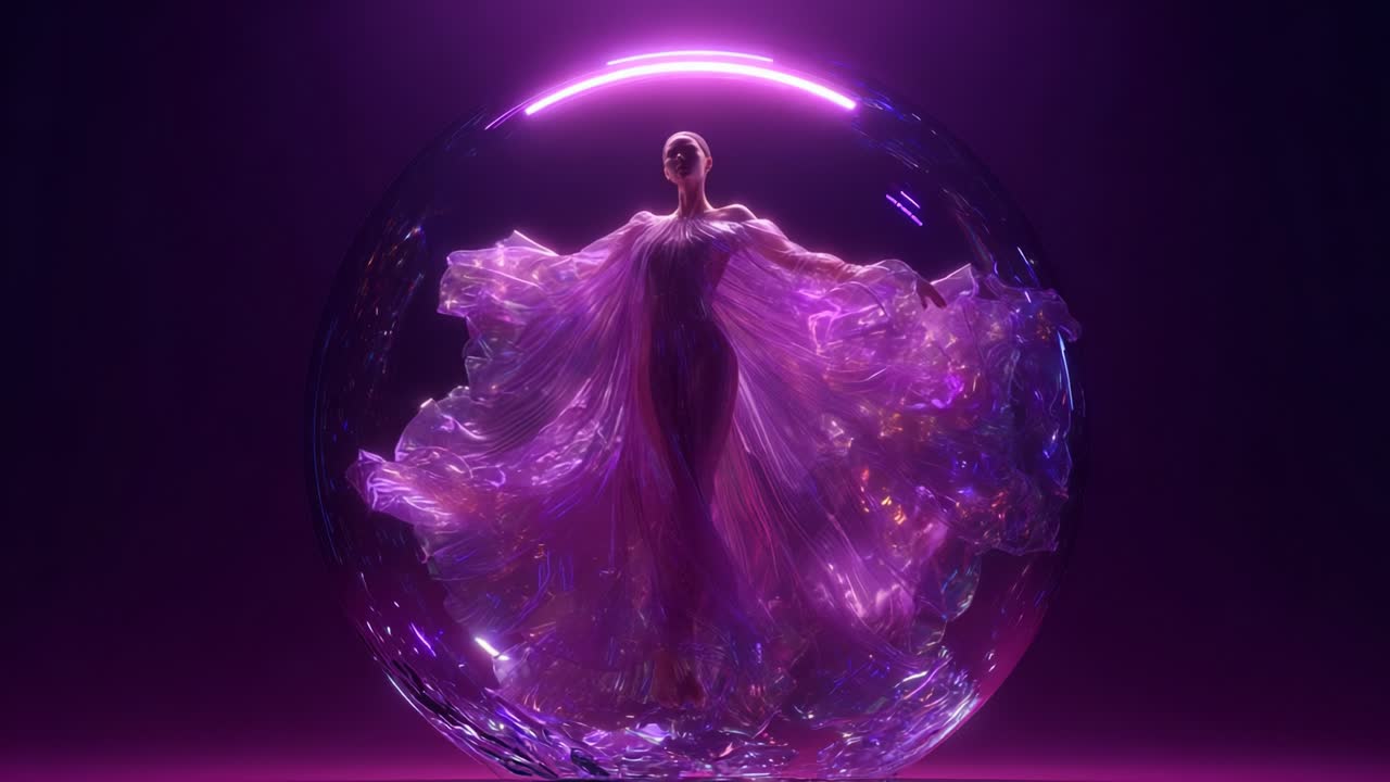Woman in a Purple Dress Inside a Sphere