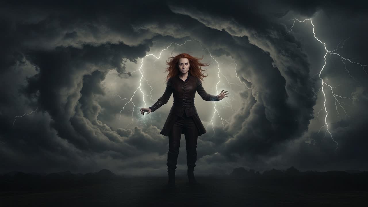 A Sorceress Manipulating Storm Energy: A Majestic Visual Depiction of Power, Dark Clouds, and Lightning Illuminating the Surroundings in a Supernatural Realm