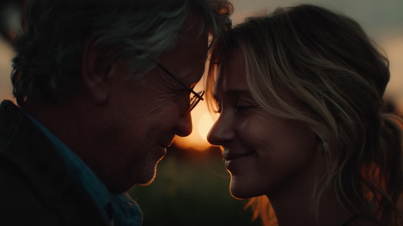 Un momento de conexión: Dos rostros compartiendo una mirada íntima al atardecer, capturando amor, alegría y el vínculo tácito que trasciende las palabras bajo una luz dorada.