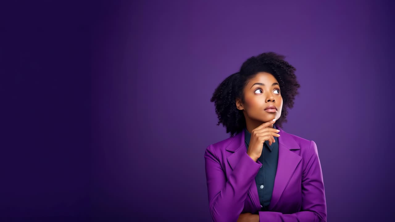 A thoughtful woman in a purple suit against a matching background, captured in a medium close-up