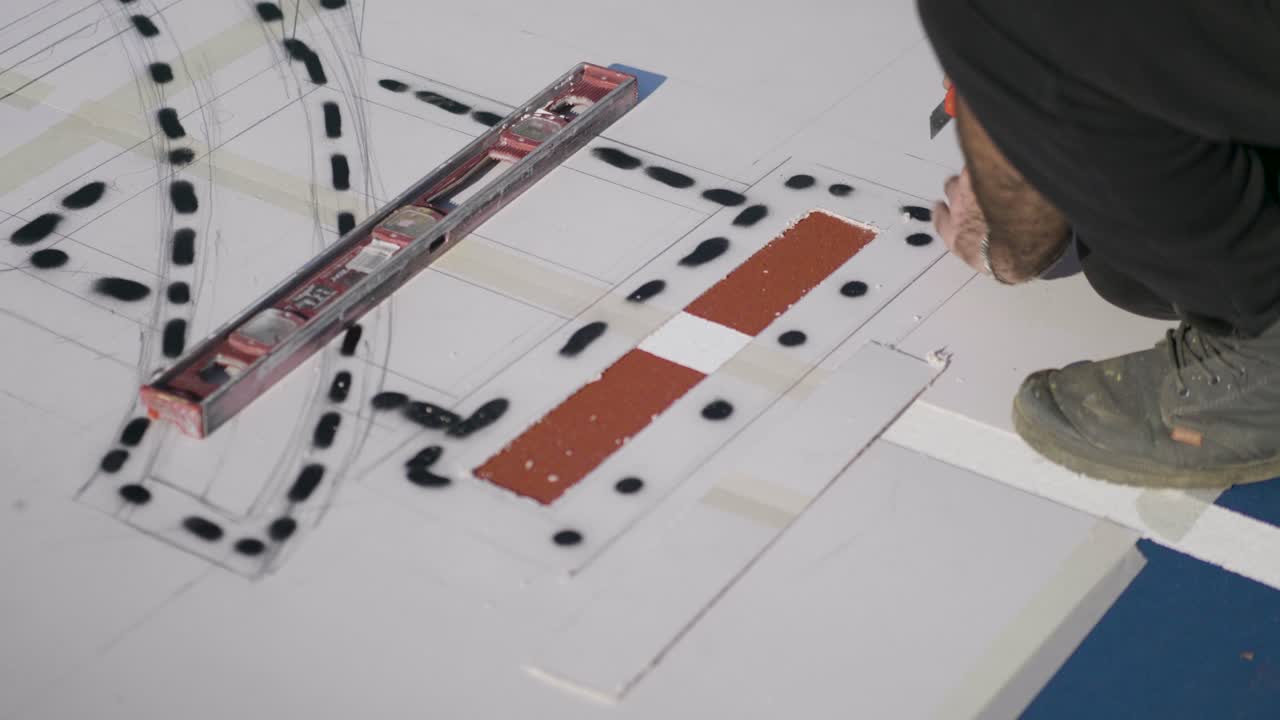 Close-up of worker cutting floor protection with cutter, revealing orange floor beneath. White tarps with cut lines visible - Israel