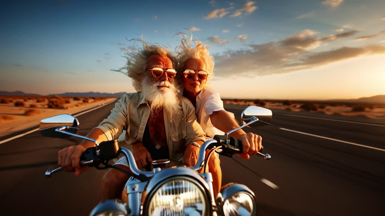 An adventurous couple on a motorcycle embark on a sunlit journey, showcasing their vibrant spirits and timeless love as they ride through a scenic desert landscape at sunset