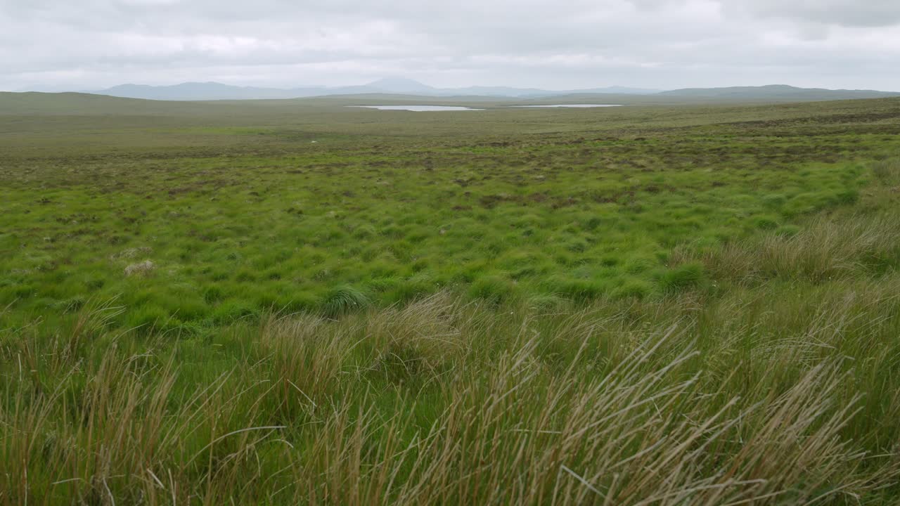 Inquadratura fissa di un paesaggio di brughiera desolato sull'Isola di Lewis.