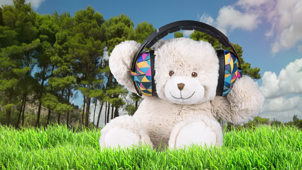 공원 에서 헤드폰 을 들고 있는 테디 베어