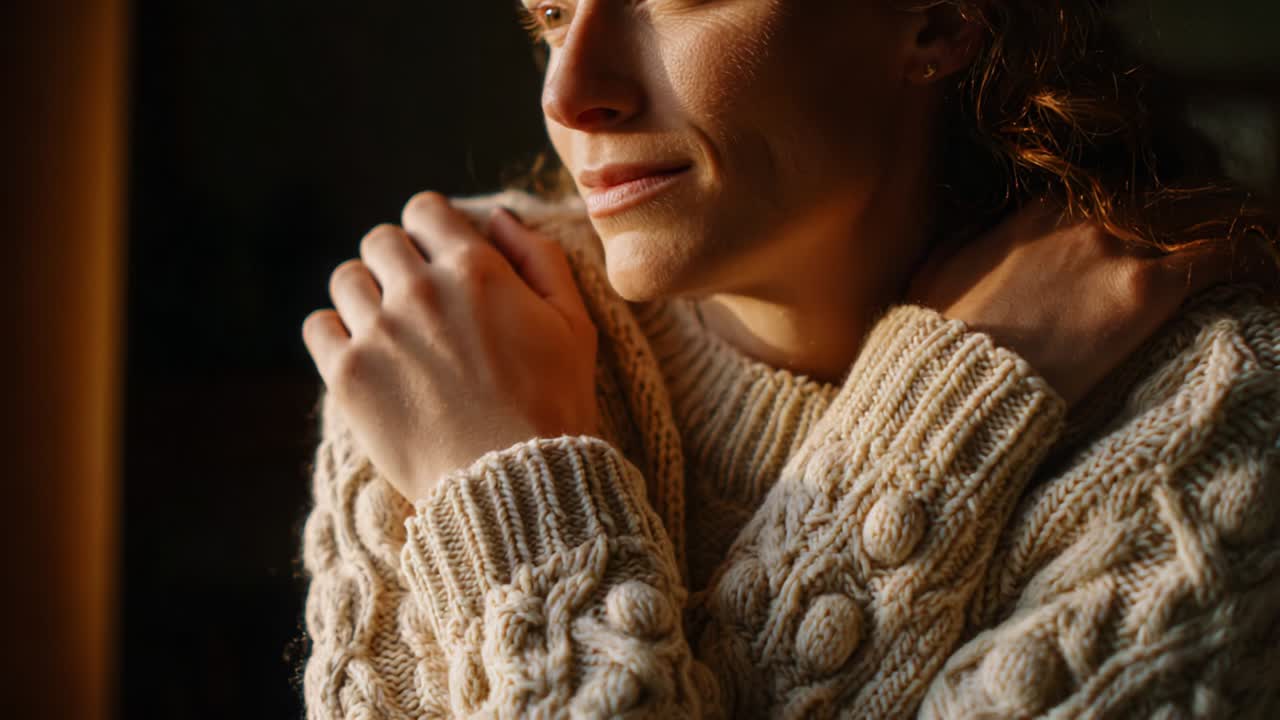 A Thoughtful Moment Captured: A Woman in a Cozy Sweater Reflects by the Light, Evoking Emotions of Serenity and Warmth in a Tranquil Atmosphere, Perfectly Framing Her Contemplative Expression