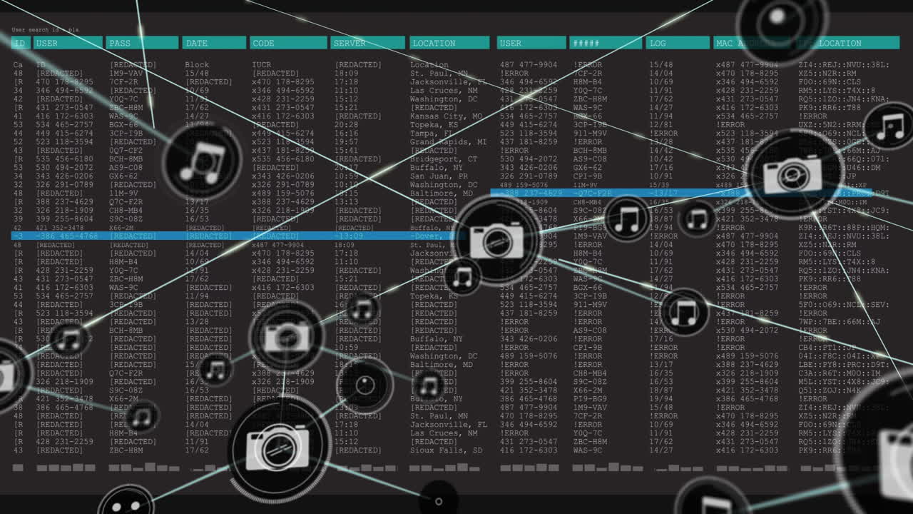 Animation of media file icons connected through computer code and data interface