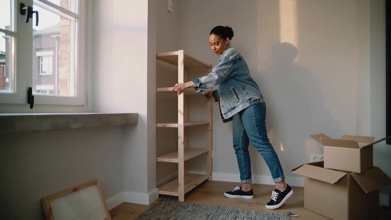 Donna che trasloca con una giacca di jeans che spinge uno scaffale di legno nell'angolo vicino alla finestra mentre disfa gli scatoloni