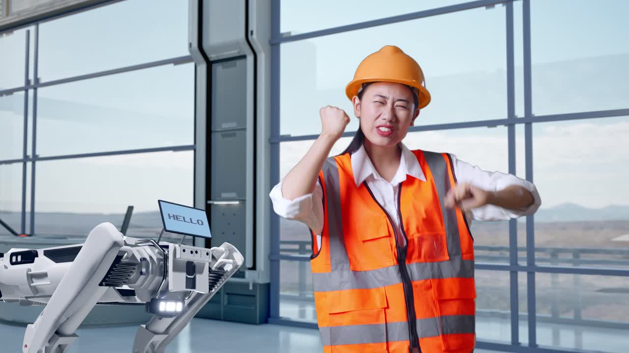 흥분한 여성 엔지니어가 현대적인 시설에서 로 에서 축하하고 있습니다.