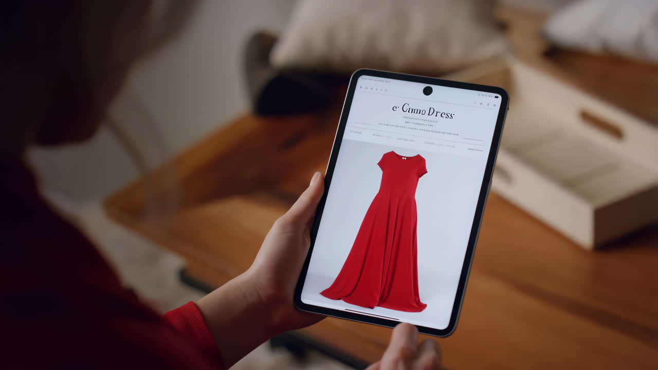 Person browsing a red dress on a tablet for online shopping