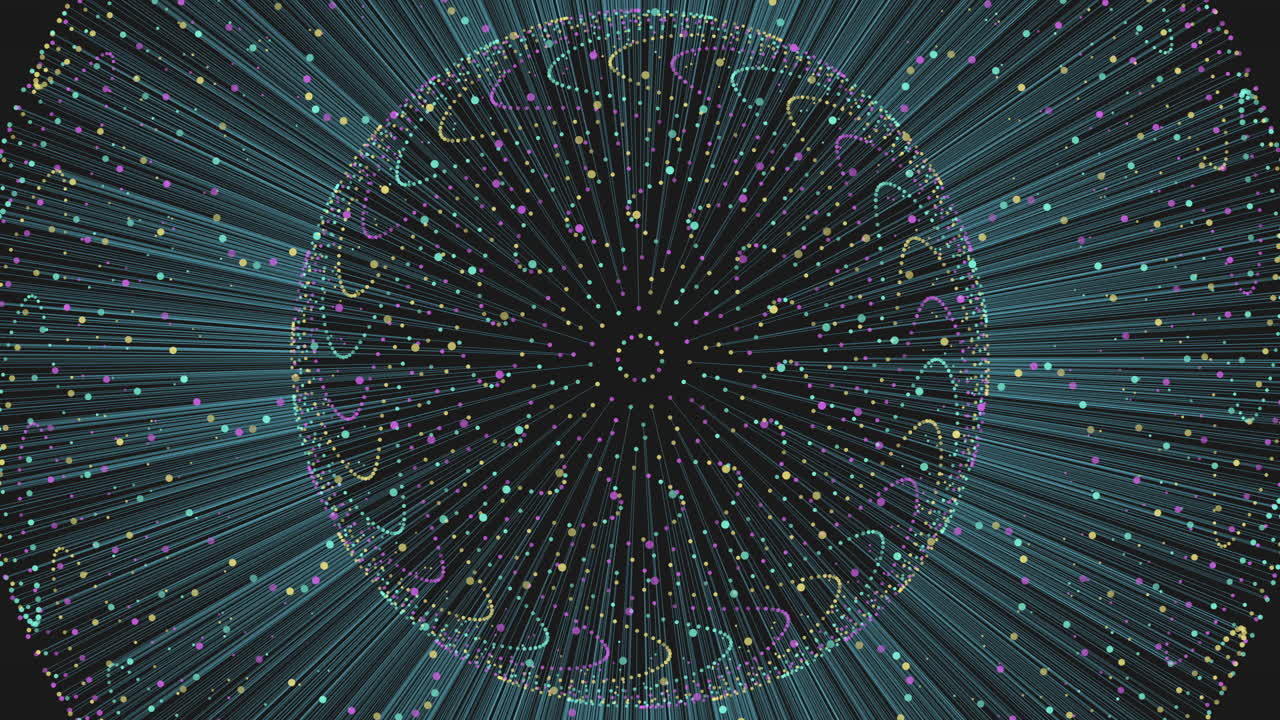 patrón abstracto de líneas y puntos convergentes en azul, verde y púrpura