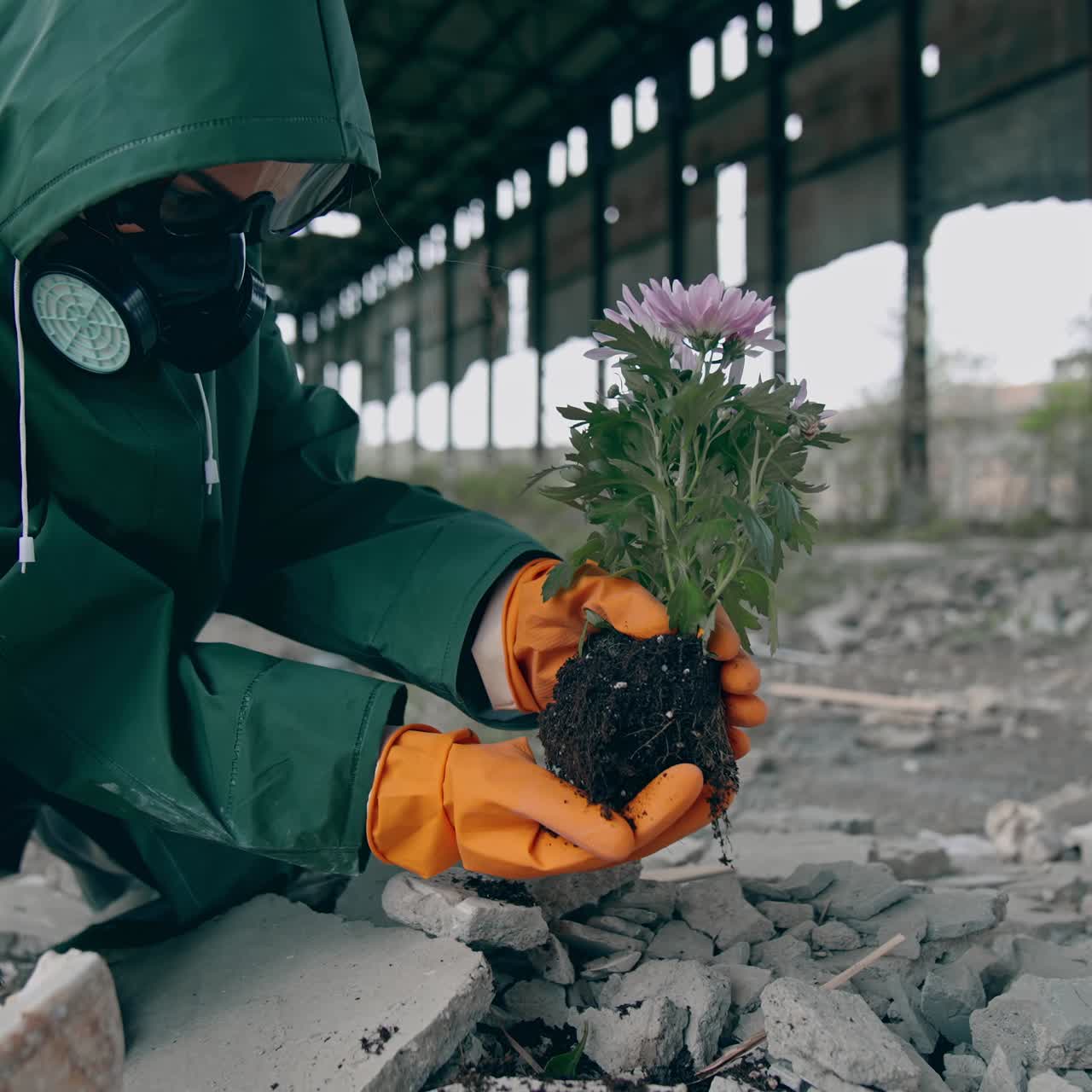 Researcher in protective suit and mask. Man in protective suit inside abandoned factory