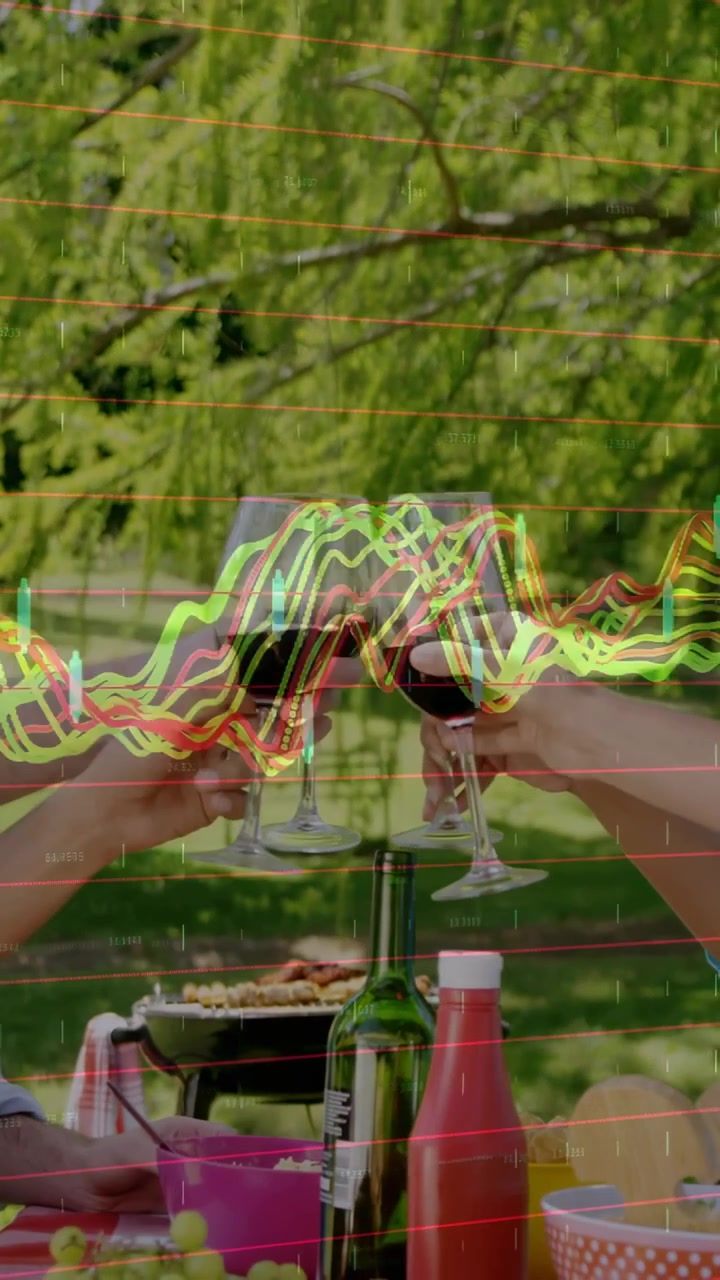 Vertical video: Two hands raising starting group toasting picnicking neon waves crossing glasses
