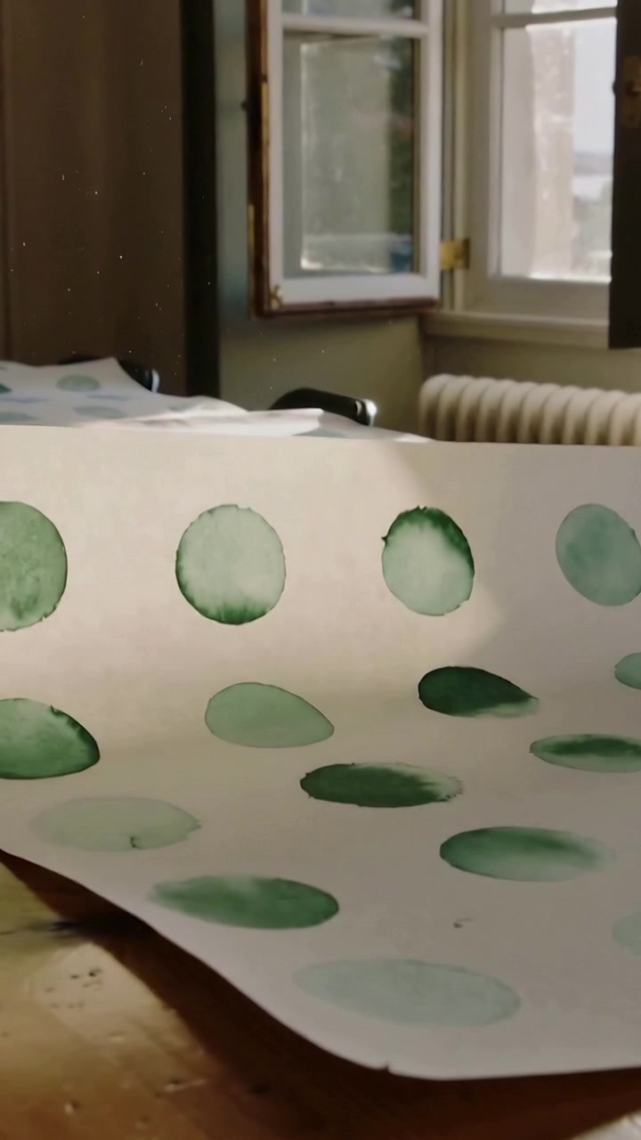Vertical video: Panning camera filming heavy paper drying green dots on table, open window radiator