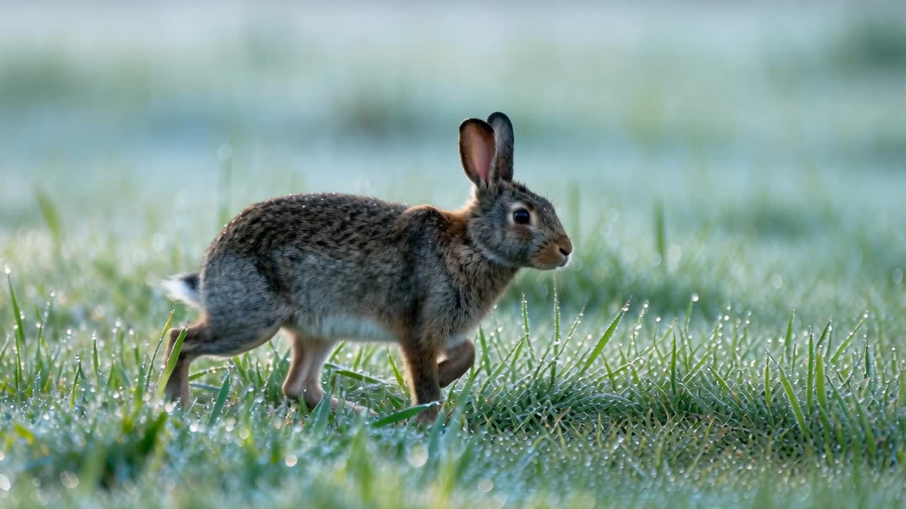 Ein kleines Wildkaninchen läuft im Morgengrauen über taufrisches Gras, Pfoten setzend, während Tautropfen glitzern.