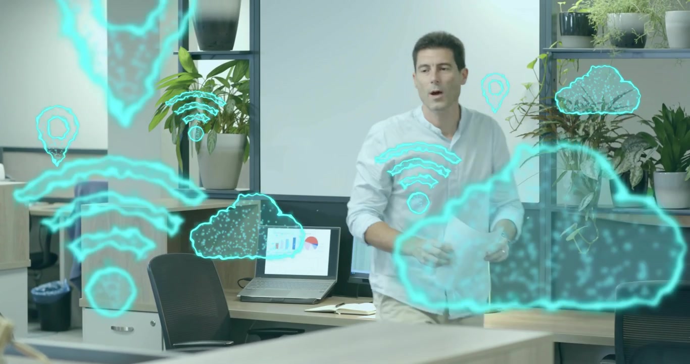 Office worker receiving report, explaining sales data on monitors pulsing icons, calling smartphone