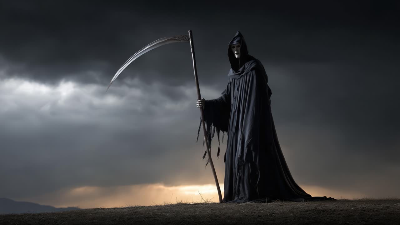 En mystisk skikkelse kledd i mørke kapper, holder en ljå og står mot en dramatisk himmel, og utstråler en aura av uhyggelig ro og illevarslende kraft.
