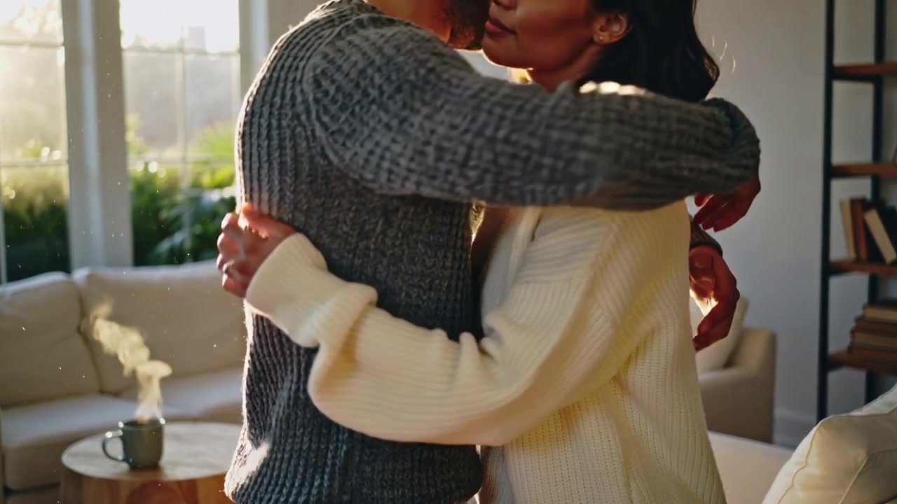 Uomo che si protende posando la mano sul partner, coppia in abiti di maglia che si abbraccia per conforto in una casa illuminata dal sole, tazza.