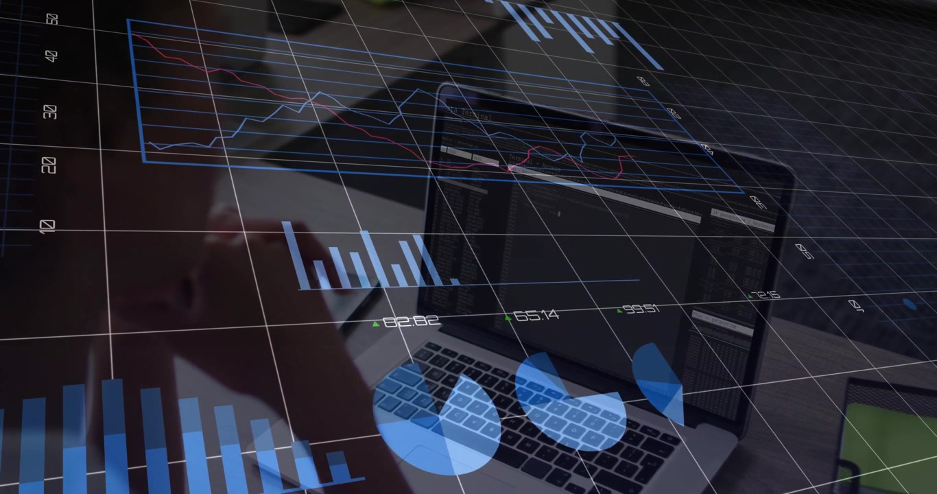 Business Professional Analyzing Financial Data on Laptop with Digital Overlays